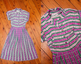 1940s 1950s purple pink silk shirt pleat dress