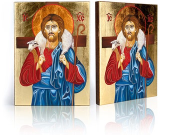 Jesus Christ The Good Shepherd religious icon - handmade religious wood icon, gilded, beautiful gift, 4 sizes to choose.