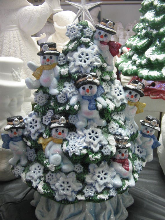 Ceramic Hand Painted Snowman Christmas Tree Lighted Tree