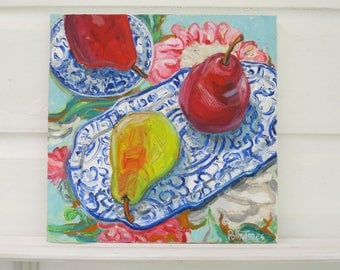 My Three Pears original mixed media acrylic still life painting