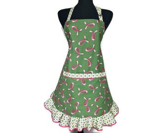 Pink Ribbon Apron for women , Breast Cancer Awareness , Pink Ribbons on Green with White Ruffle / Retro Kitchen Decor / Frilly Green Apron