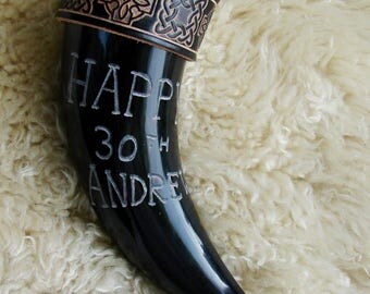 Engraved Viking drinking horn, birthday, anniversary, custom made, leather strap, Celtic, gift.