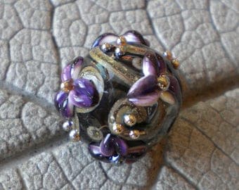 Gray Purple Hollow Floral Lampwork Beads by Cherie Sra R114 Flameworked Floral Focal Beads Floral Lampwork Bead Hollow Lampwork Floral Bead