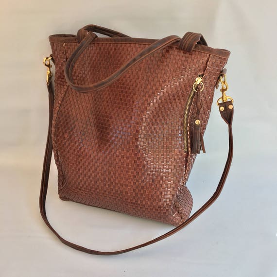 Large Camino leather tote bag in brown basket weave