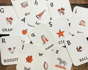 Vintage ABC Flash Cards - Set of 5 Random Letters - Letters and Illustrations, Vintage Alphabet Cards, Collage, Scrapbooking, Paper Ephemera
