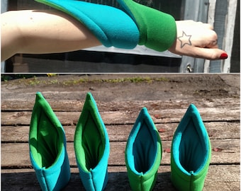 LS-SEVEN. Blue/Green Medium + Long Spiky Puff Cuffs. Futuristic Bracelet.