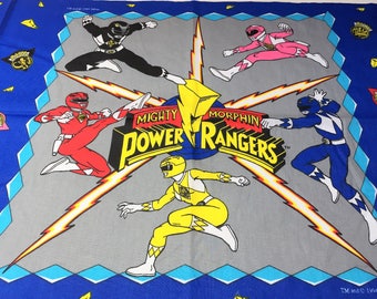 Vintage Mighty Morphin Power Rangers Fabric Panel to Make Pillow Quilt or Wall hanging, 1990s Power Rangers Character Fabric Panel