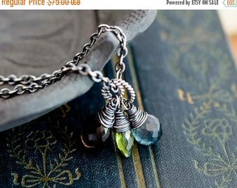 Gemstone Necklace, Moss Aquamarine, Aquamarine Necklace, March Birthstone, Smokey Quartz, Sterling Silver, Vesuvianite Pendant, PoleStar