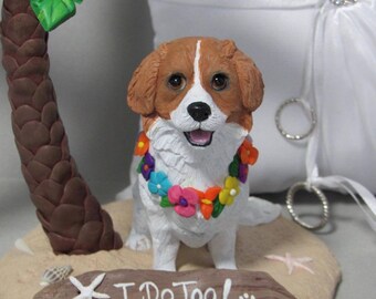 Custom Made Clay Dog Wedding Cake Topper Corgi Cavalier King Charles Palm Tree Fiji Destination Cats Animals pets people
