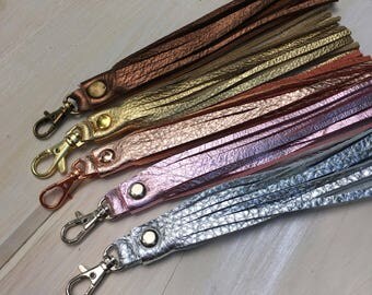 Metallic Leather tassel key chain, purse charm, key fob, bag charm, key ring, zipper pull, antique bronze and nickel hardware, 6" long
