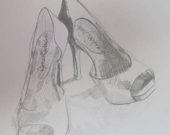 graphite drawing of red high heel shoes 14 by 11 inch drawing black