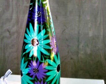 Wine Bottle Light, Night Light, Hand Painted Wine Bottle, Green Wine Bottle with Teal and Purple Flowers