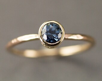 Blue Sapphire Engagement Ring - 14k Gold Scroll Bezel Set Solitaire - 5mm Genuine Sapphire Ring