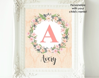 Personalized Nursery Art, Baby Girl Nursery Wall Decor Custom Name Print Coral Gray Nursery Wall Art Girl Wall Art Floral Monogram Baby Gift