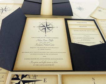 Vintage Compass Wedding Invitation, Navy Blue Nautical Blue Pocketfold Wedding Invitations, Beach Wedding Invites, Boat Wedding Yacht