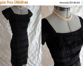 ON SALE 50's Dress // Vintage 1950's Black Rayon Shirred Dress Size S 24 waist little black dress Lbd as-is