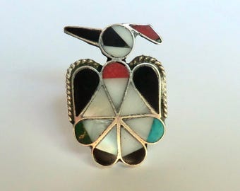 Vintage Sterling Zuni Thunderbird Ring Multi Stone Inlay 1970s Size 4.5