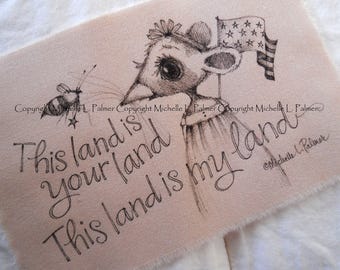 Michelle Palmer Fine Art Ink Illustration on Tea Stained Muslin LARGER SIZE Field Meadow Mouse Critter Bumble Bee Honeybee America Flag Love