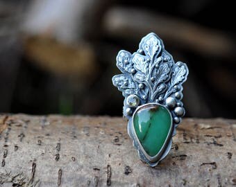 xX 25% SALE Xx Sterling Silver Chrysophase Ring, Oxidised Sterling Silver leaf Ring, Rustic Gemstone Metalwork Ring