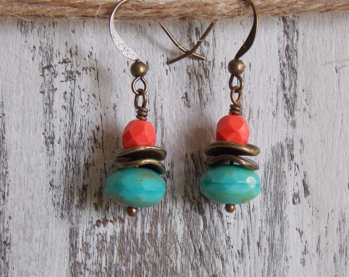 Coral Glass Drop Earrings Turquoise Czech Glass Brass Tropical Earrings Boho Dainty Cute Minimalist Gift For Her Jewelry