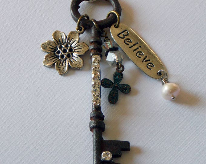 Altered Rustic Skeleton Key Necklace Vintage Key Mixed Metal Necklace Believe Pearl Rhinestone Cluster Charm Long Necklace