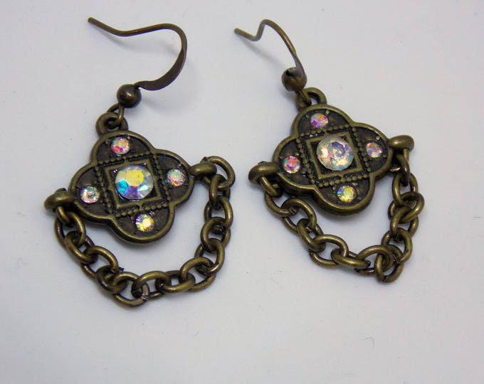 Brass Chain Chandelier Earrings Rhinestone Victorian Style Dangle Chain Medallion Cleopatra Earrings