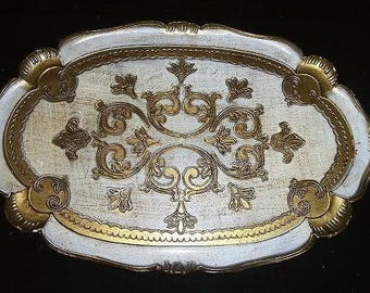 Vintage Oval FLORENTINE Wood Gold Gilt and White Toleware Tray 17 1/2 Tray Made in Italy