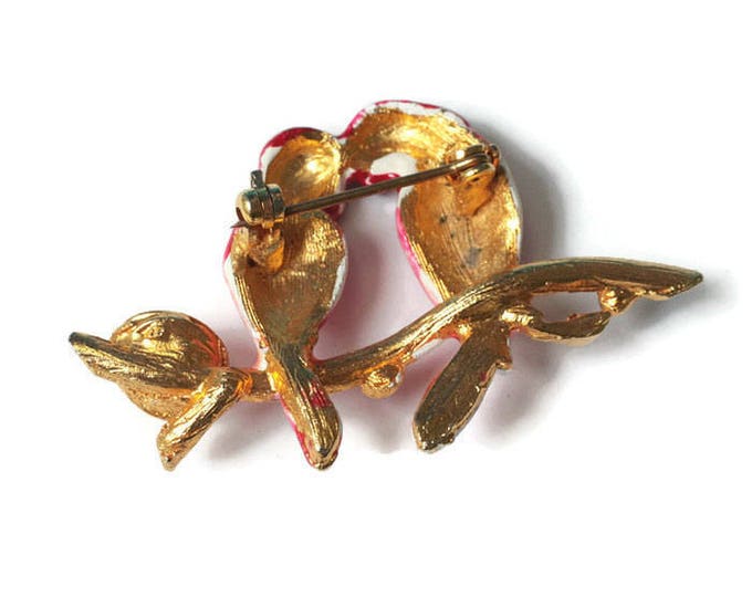 Red Enameled Lovebirds on Branch Brooch Nest with Faux Pearl Eggs Vintage