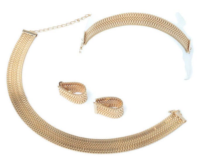 Gold Mesh Woven Necklace Bracelet Earrings Set Parure Vintage