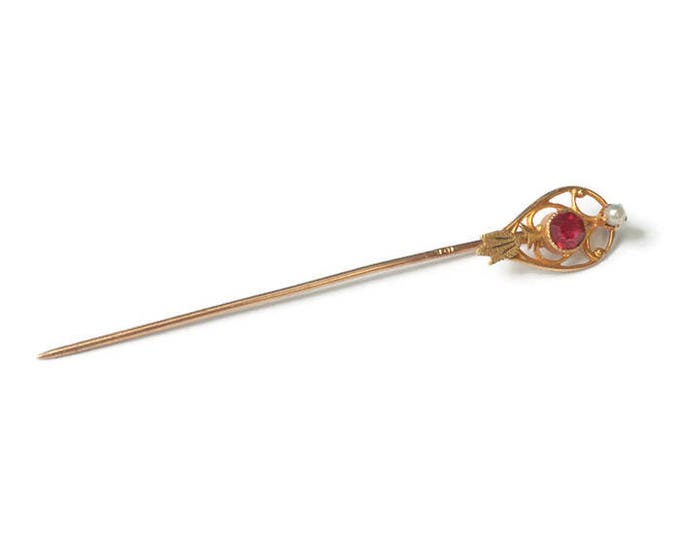 10K Gold Stickpin Simulated Ruby and Seed Pearl Victorian Pin