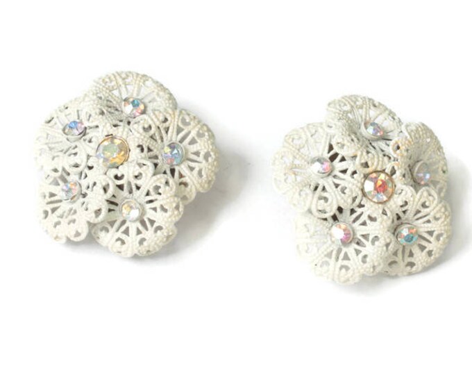 Vintage White Filigree Earrings Aurora Borealis Rhinestones Overlapping Circles Signed Marvella