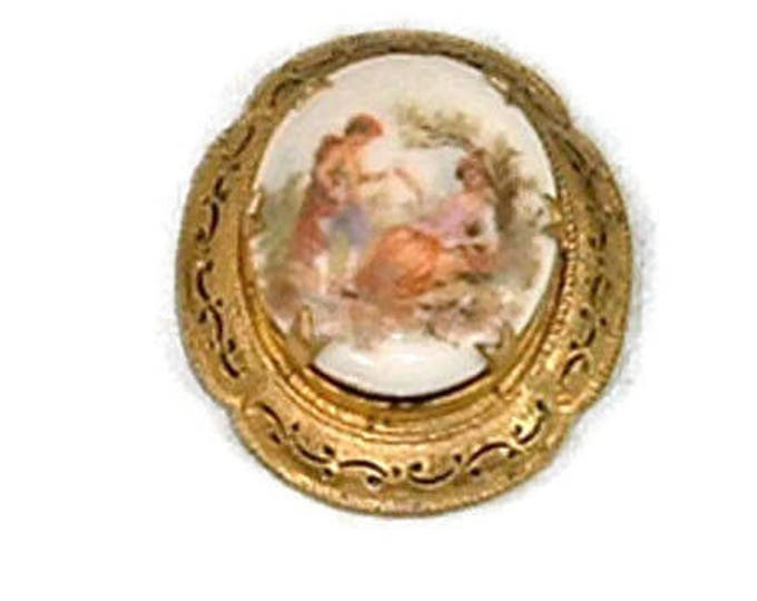 Romantic Courting Couple Porcelain Brooch Cameo Lovers Enameled Frame Vintage