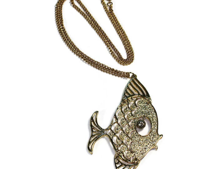 Mod Articulated Fish Pendant Necklace Gold Tone Vintage