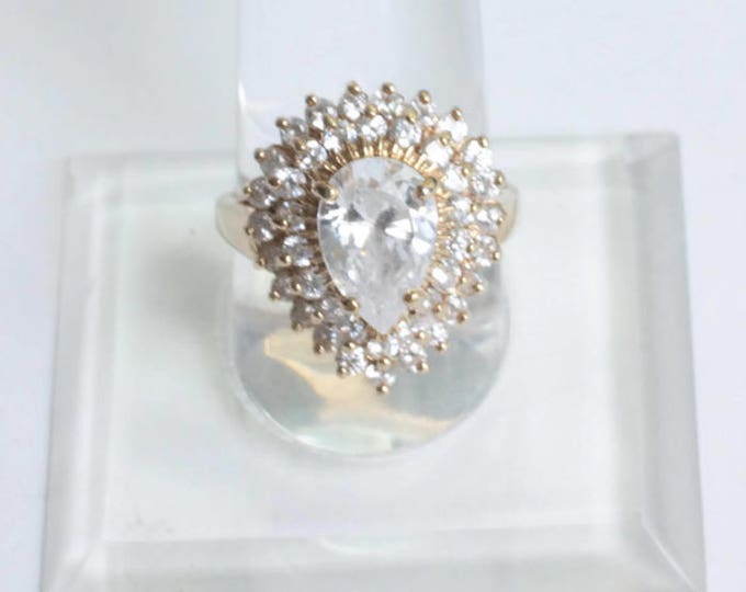 Gold Plated CZ Ring HGE Statement Cocktail Dinner Ring Signed LIND