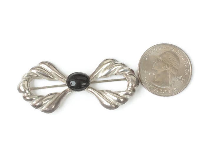 Sterling Silver and Onyx Bow Pin Brooch Open Repousse Design Vintage