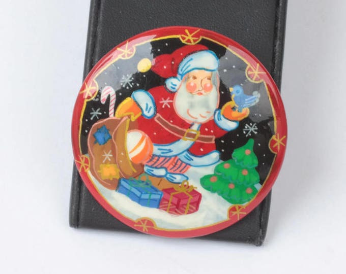 Russian Hand Made Santa Claus Brooch Wooden Christmas Pin Vintage
