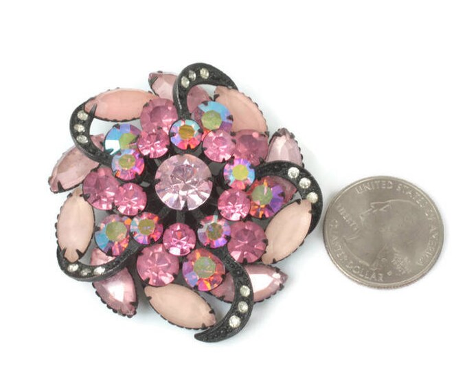 Pink Rhinestone Pinwheel Brooch AB Frosted Stones Japanned Finish Dimensional Vintage