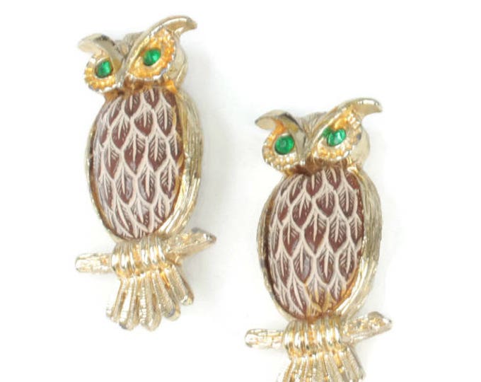 Pair of Owl Pins Brown Simulated Feathered Chest Green Rhinestone Eyes Smaller Size