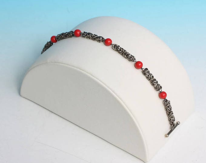 Sterling Silver Byzantine Link Bracelet with Red Beads Signed India Vintage
