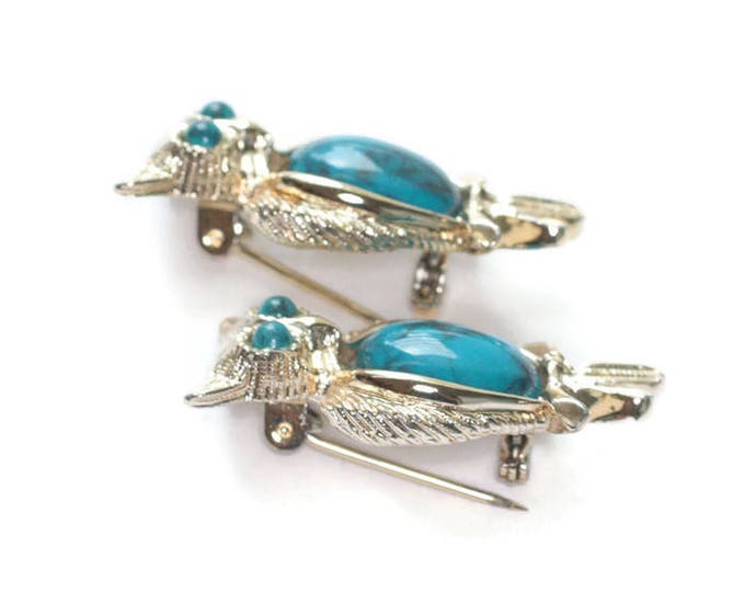 Two Owl Scatter Pins Faux Turquoise Tummy Eyes Gold Tone Vintage Set