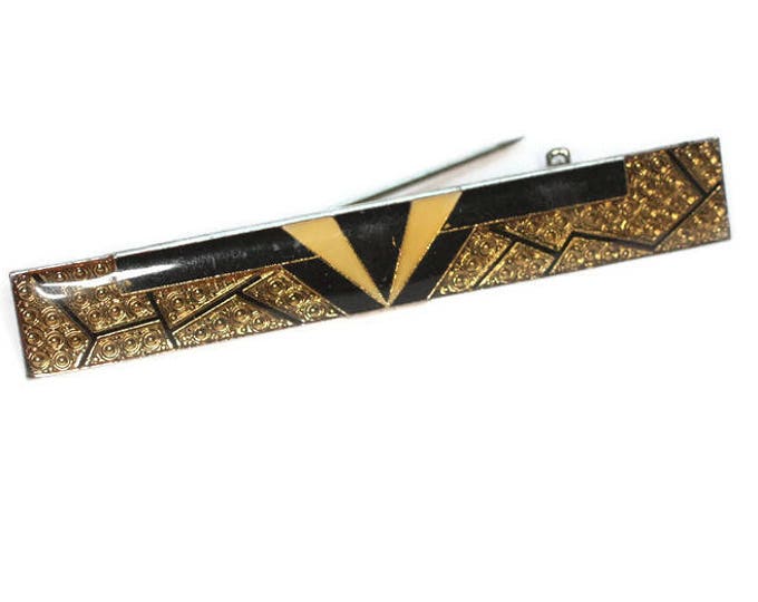 Art Deco Style Bar Pin Brooch Gold and Black Geometric Design Vintage