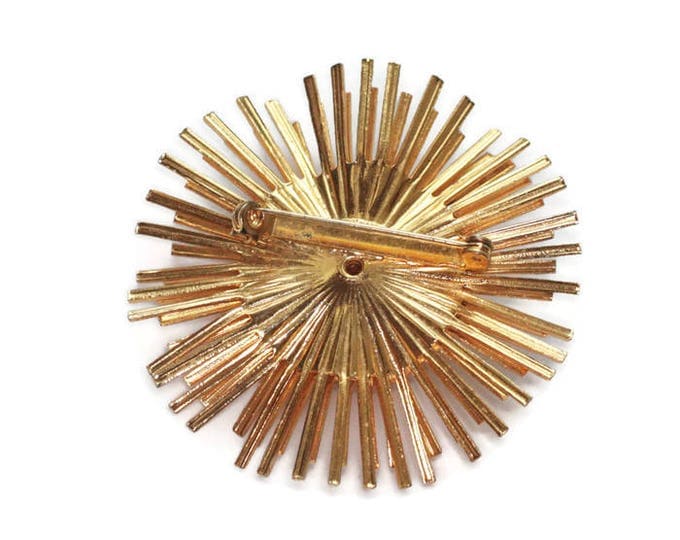 Retro Sunburst Brooch Faux Pearl Center Gold Tone Metal Vintage