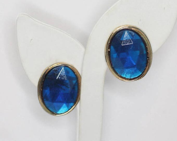 Blue Oval Clip On Earrings Gold Tone Large Chunky Bold Vintage