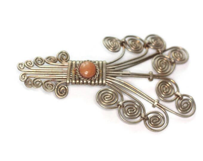 Vintage Swirled Metal Brooch Twisted Wire Design Butterscotch Glass Accent