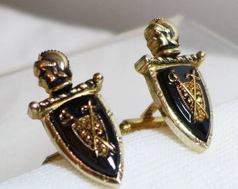 Vintage Cuff Links Cufflinks Knight Shield Stone Gold Black Swords Royal