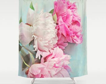 3 Pink Peonies Shower Curtain aqua, pink, bathroom,home decor,pastel flowers,Peony,nature,floral shower curtain,shabby chic