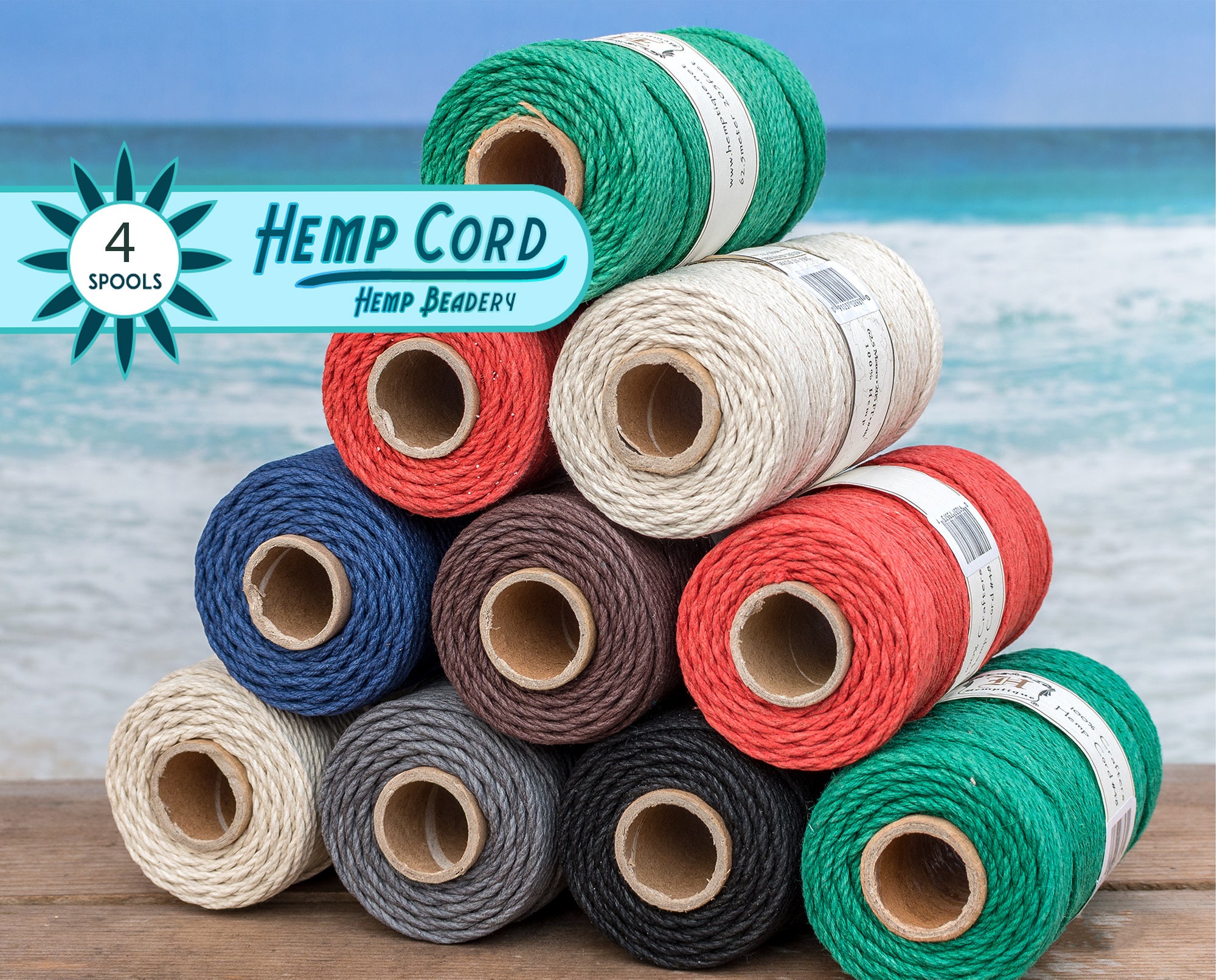 2mm Hemp Cord, 48lb, 4 Spools, Thick Hemp Twine, Colored Hemp Cord