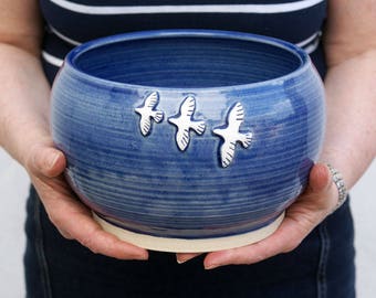 Handmade stoneware bowl - wheel thrown bowl in ocean blue with birds in flight