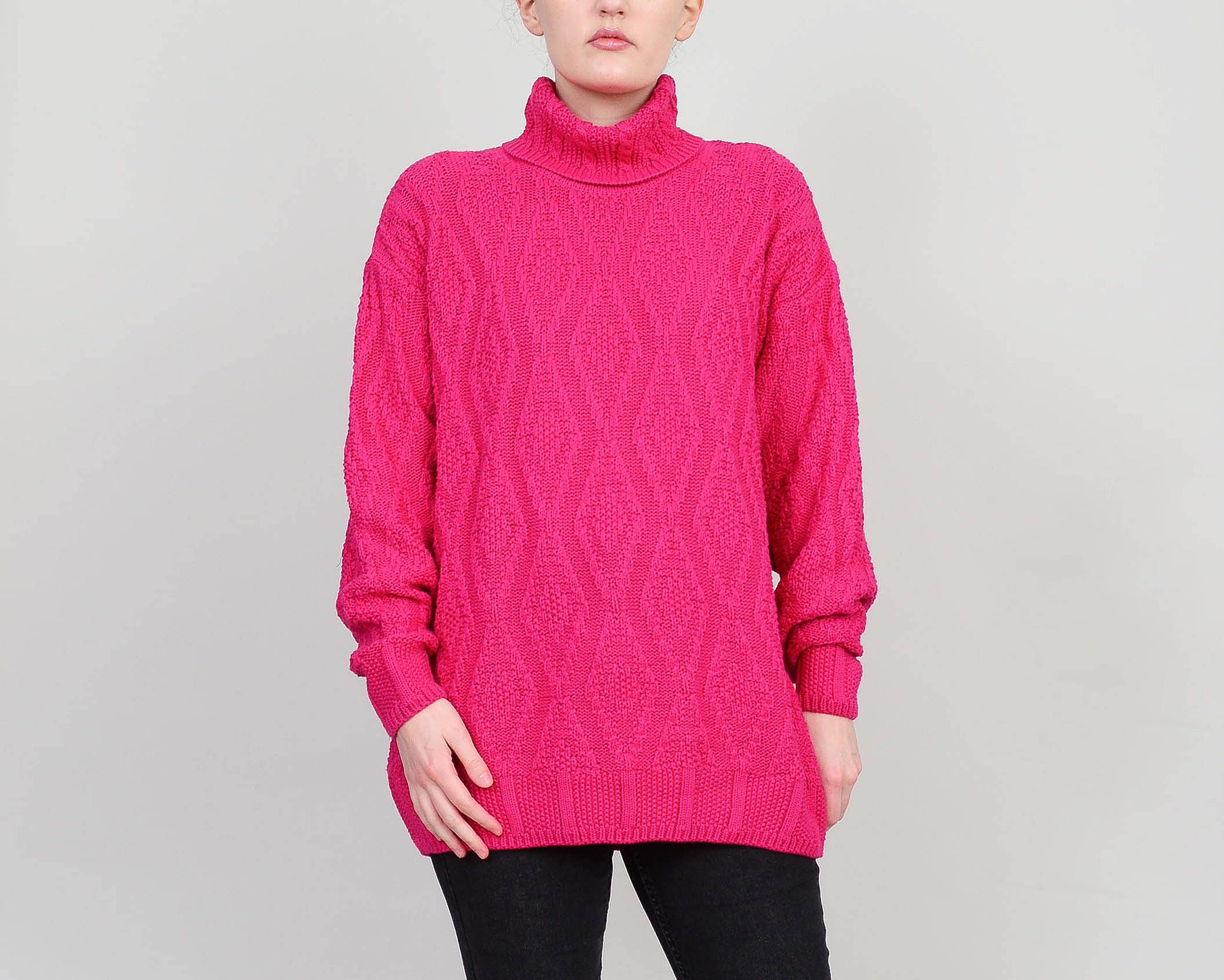 80s Pink Sweater Cotton Cable Knit Turtleneck Sweater