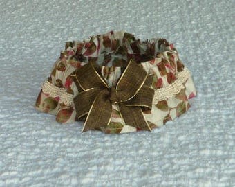 Leaves on Beige Dog Scrunchie Collar - gimp trim and brown linen - Size M: 14" to 16" neck